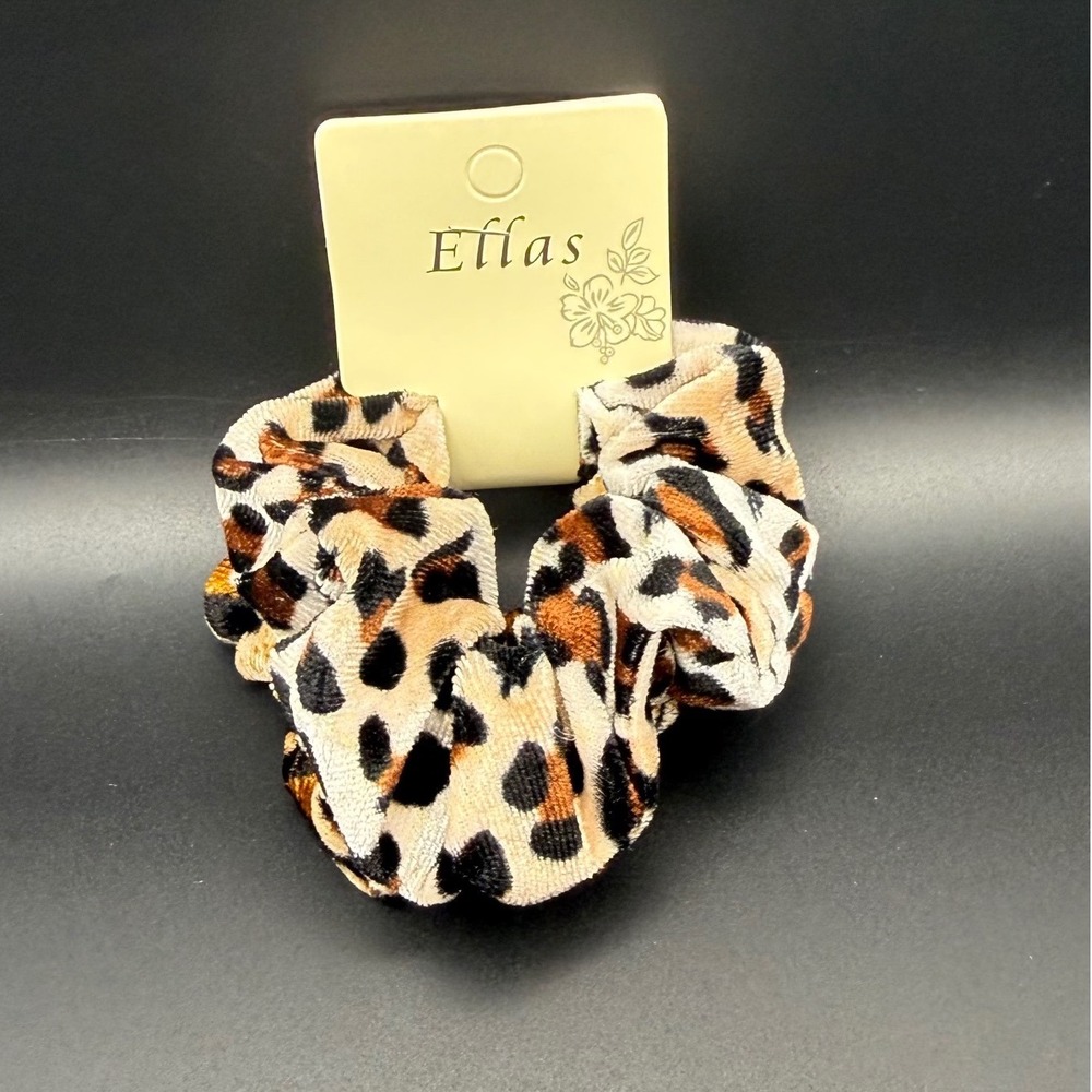 Ellas Leopard Print Velvet Scrunchie Hair Elastic Brown Tan Black Animal Print